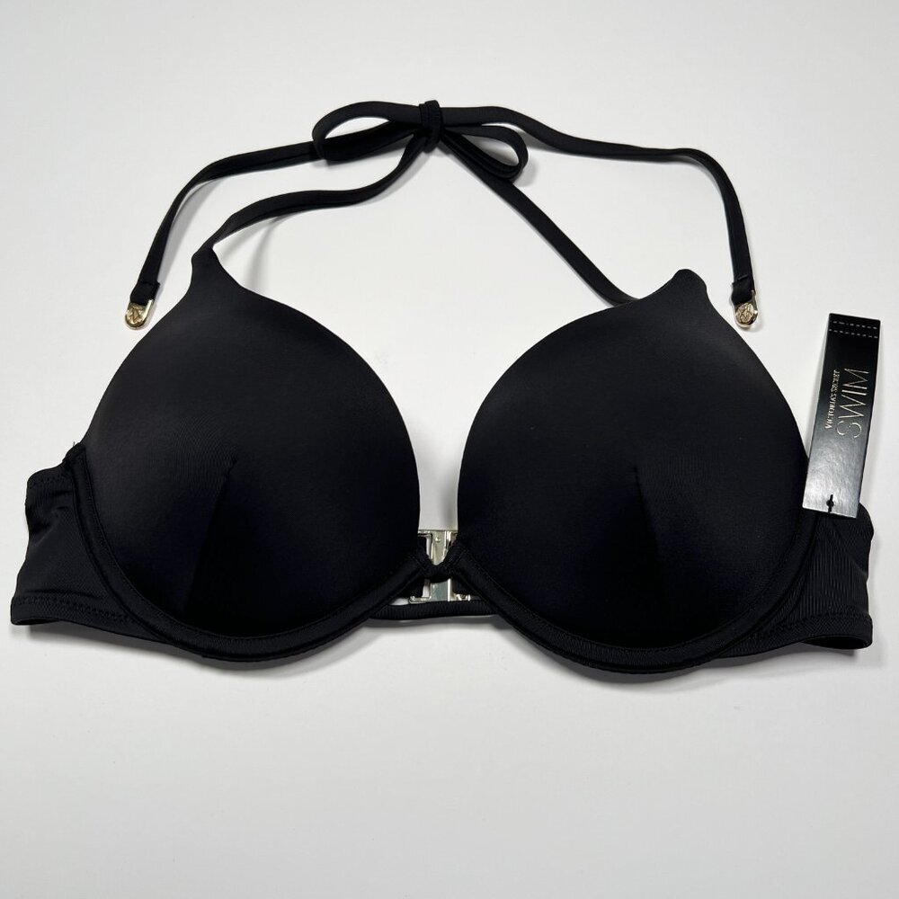Victoria Secret 38DD Bombshell Push Up Bikini Top Halter Add 2 Cups Black